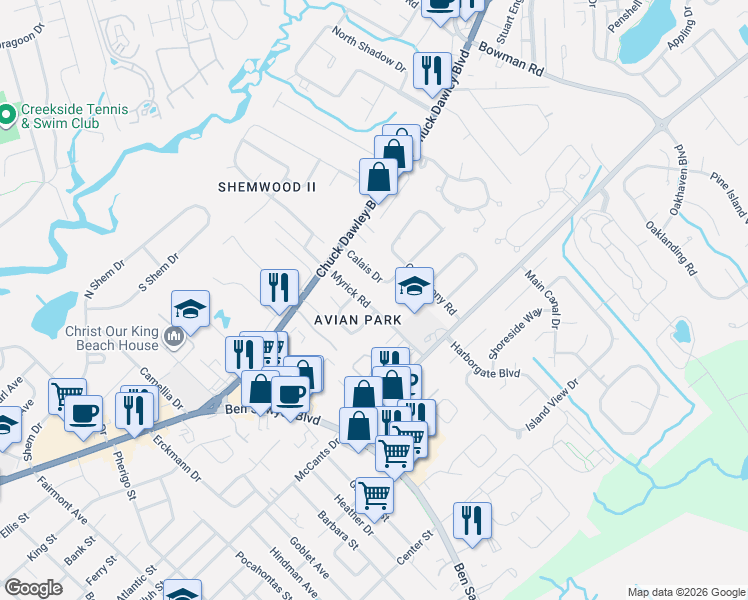 map of restaurants, bars, coffee shops, grocery stores, and more near 1227 Calais Drive in Mount Pleasant