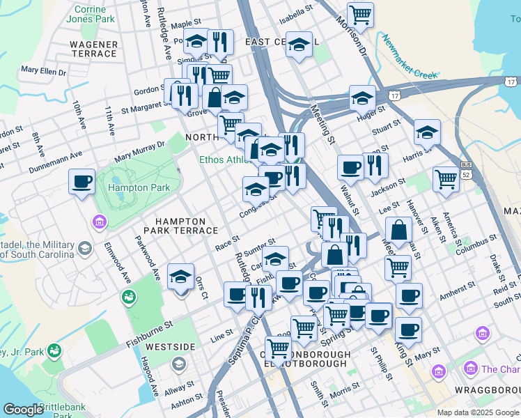 map of restaurants, bars, coffee shops, grocery stores, and more near 115 Congress Street in Charleston