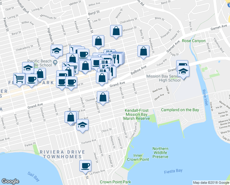 map of restaurants, bars, coffee shops, grocery stores, and more near 1938 Thomas Avenue in San Diego