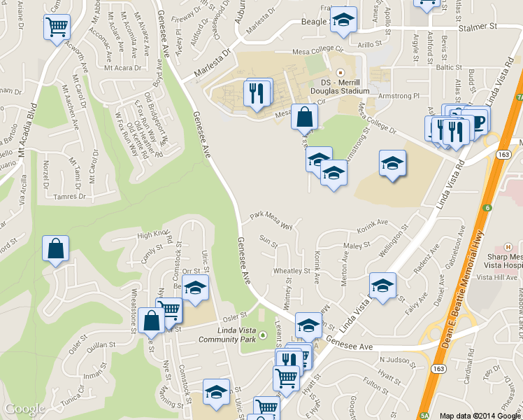 map of restaurants, bars, coffee shops, grocery stores, and more near 6916 Park Mesa Way in San Diego