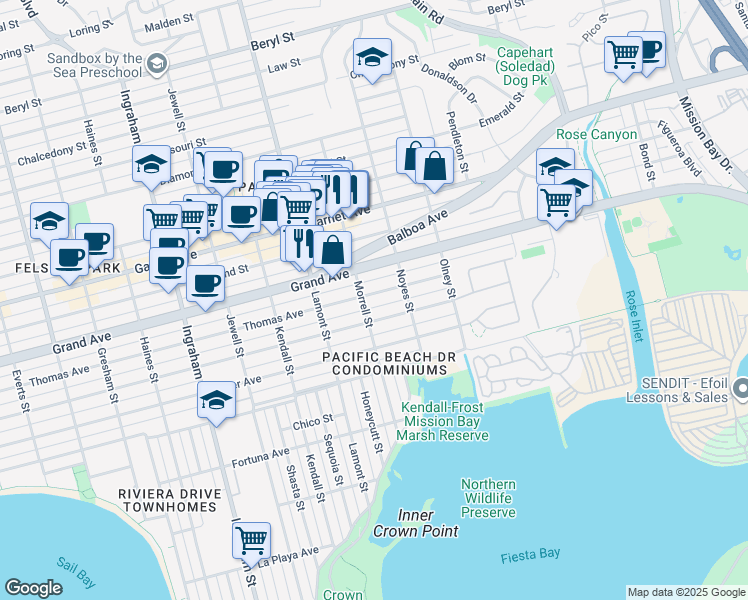 map of restaurants, bars, coffee shops, grocery stores, and more near in San Diego