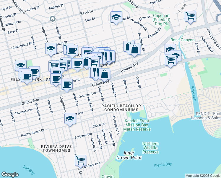 map of restaurants, bars, coffee shops, grocery stores, and more near 4315 Morrell Street in San Diego