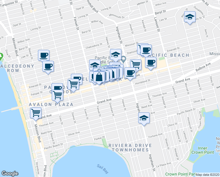 map of restaurants, bars, coffee shops, grocery stores, and more near 1400 Garnet Avenue in San Diego