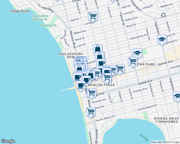 map of restaurants, bars, coffee shops, grocery stores, and more near 856 Emerald Street in San Diego