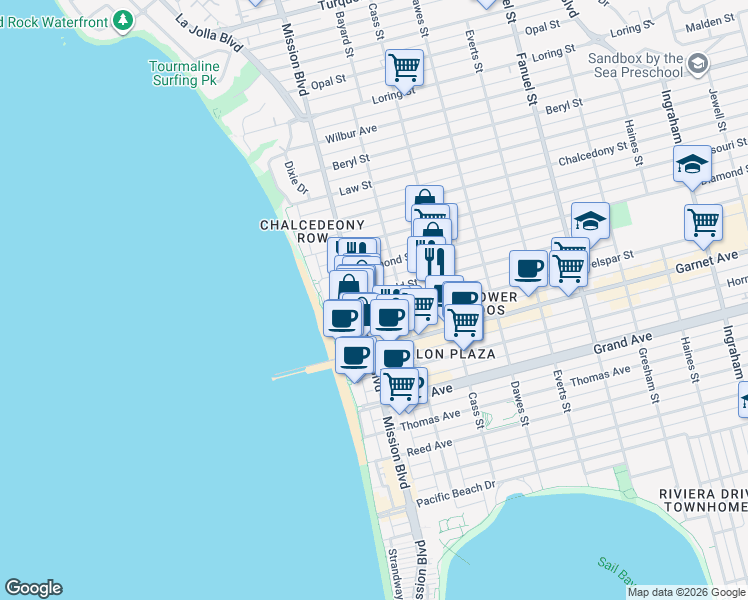 map of restaurants, bars, coffee shops, grocery stores, and more near 856 Emerald Street in San Diego