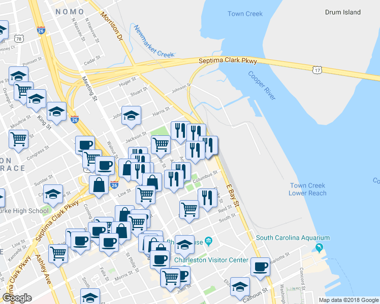 map of restaurants, bars, coffee shops, grocery stores, and more near 33 Cooper Street in Charleston