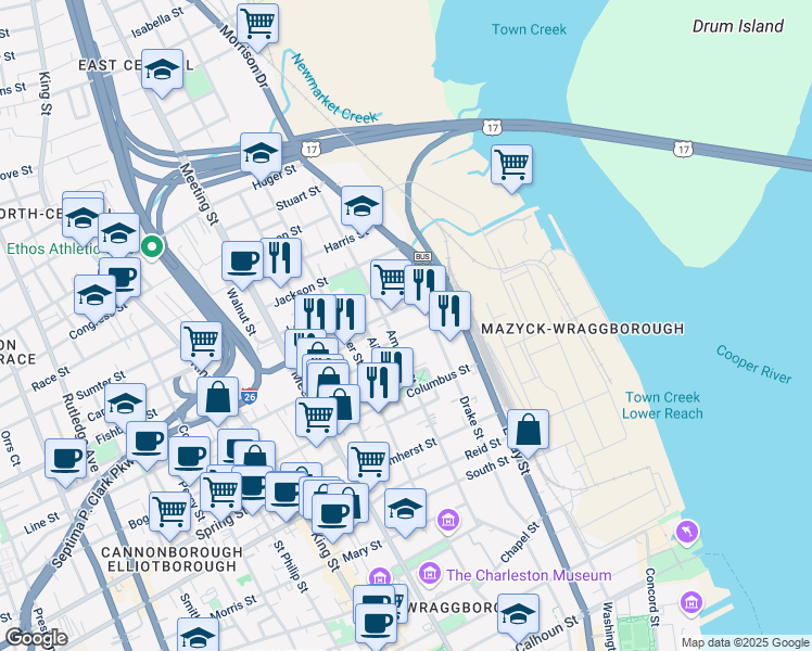map of restaurants, bars, coffee shops, grocery stores, and more near 33 Cooper Street in Charleston
