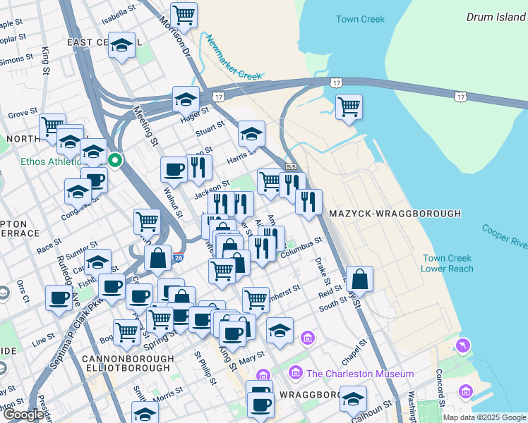 map of restaurants, bars, coffee shops, grocery stores, and more near 121 America Street in Charleston