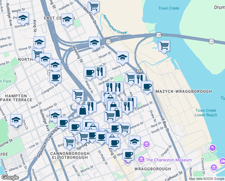 map of restaurants, bars, coffee shops, grocery stores, and more near 62 Lee Street in Charleston