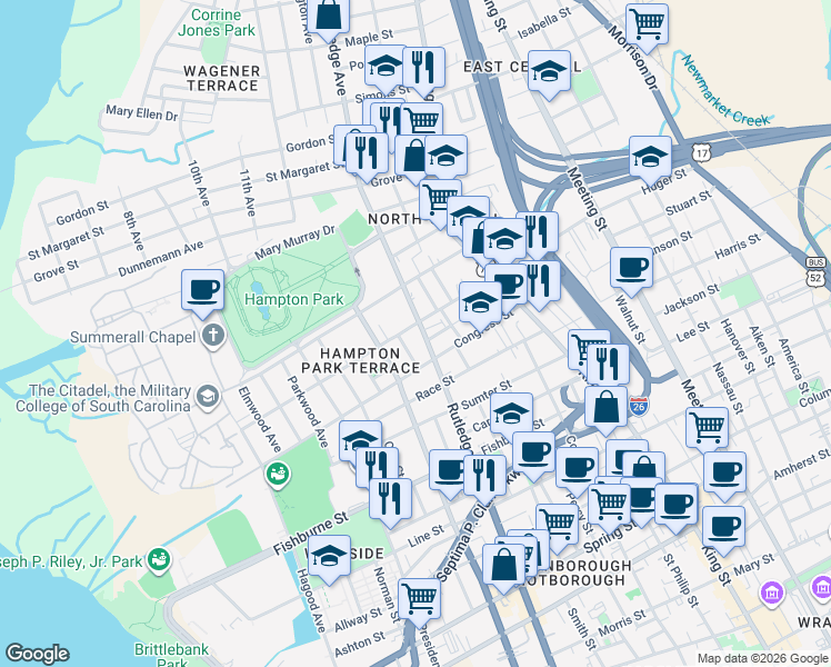 map of restaurants, bars, coffee shops, grocery stores, and more near 633 Rutledge Avenue in Charleston