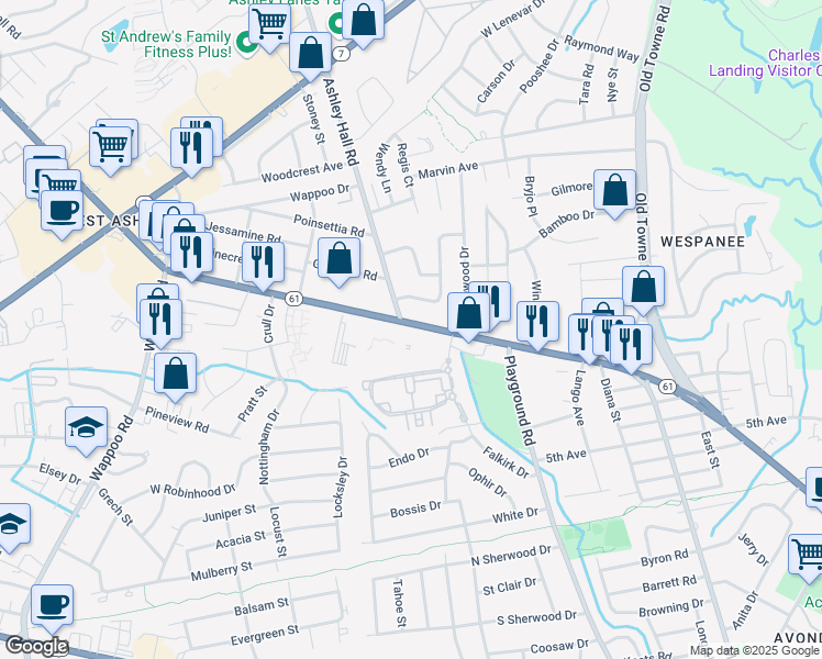 map of restaurants, bars, coffee shops, grocery stores, and more near 1426 Ashley River Road in Charleston