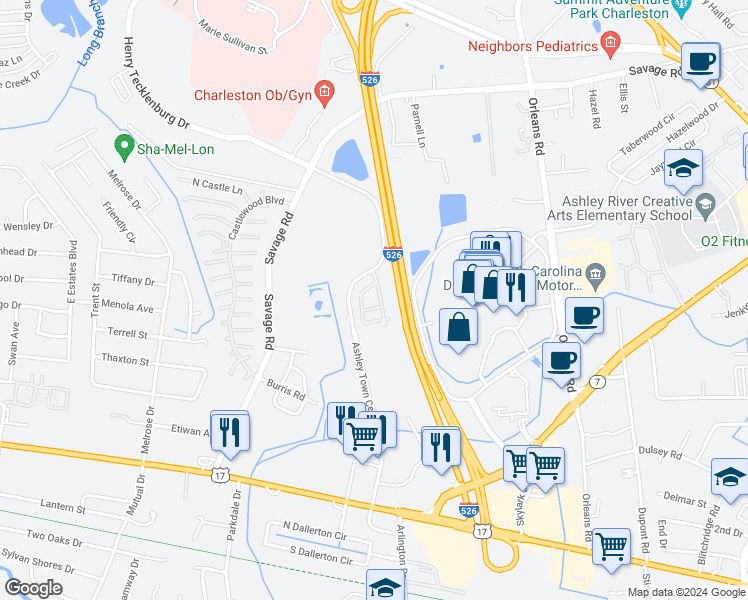 map of restaurants, bars, coffee shops, grocery stores, and more near 3100 Ashley Town Center Drive in Charleston