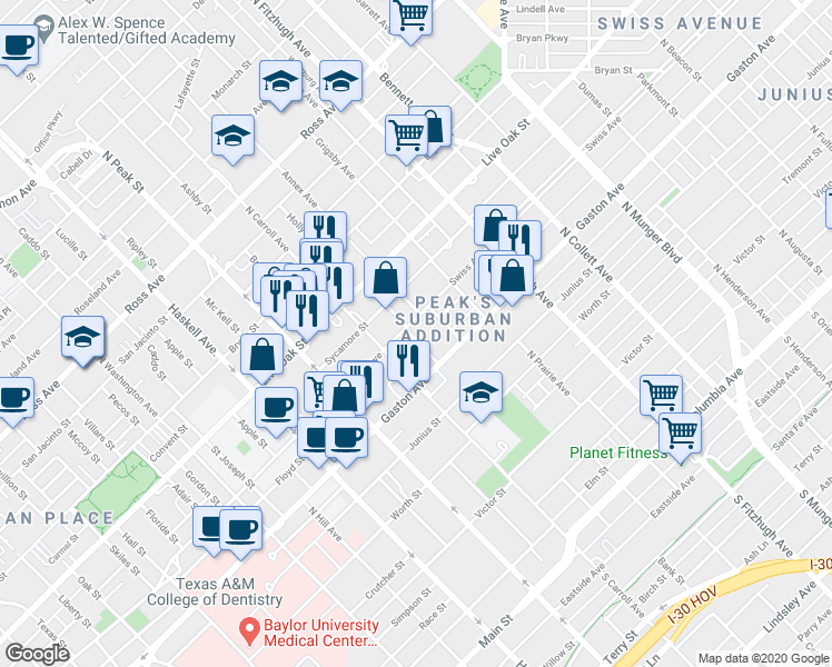 map of restaurants, bars, coffee shops, grocery stores, and more near 4609 Swiss Avenue in Dallas