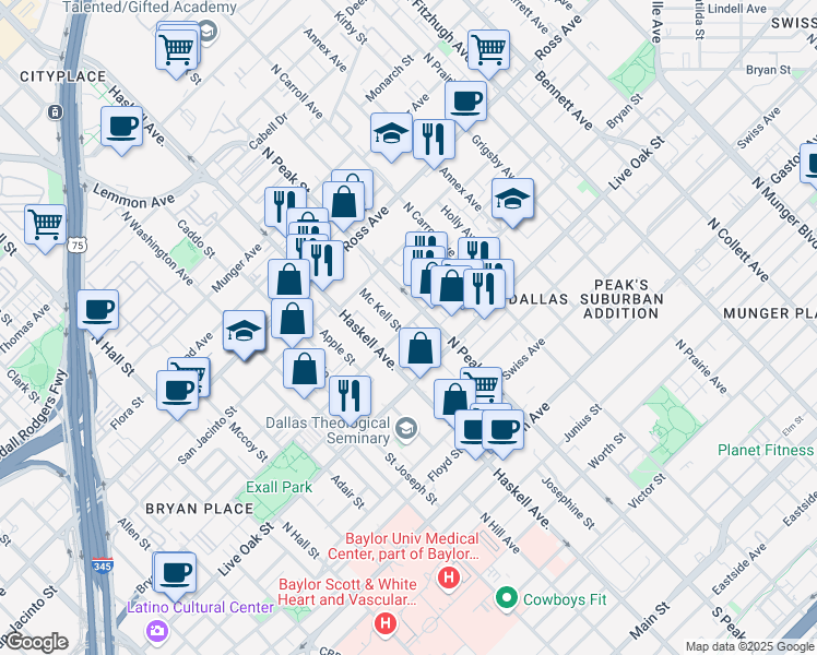 map of restaurants, bars, coffee shops, grocery stores, and more near 1411 North Peak Street in Dallas