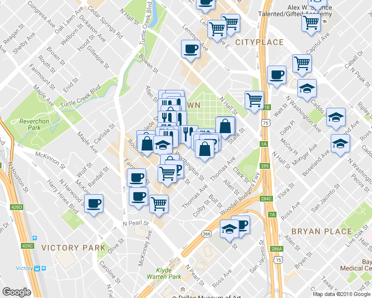 map of restaurants, bars, coffee shops, grocery stores, and more near 2610 Allen Street in Dallas