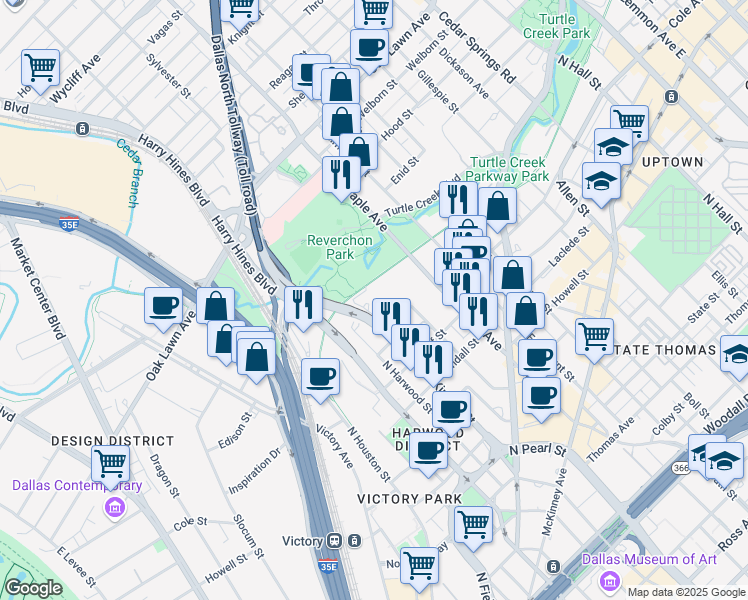 map of restaurants, bars, coffee shops, grocery stores, and more near 3100 McKinnon Street in Dallas
