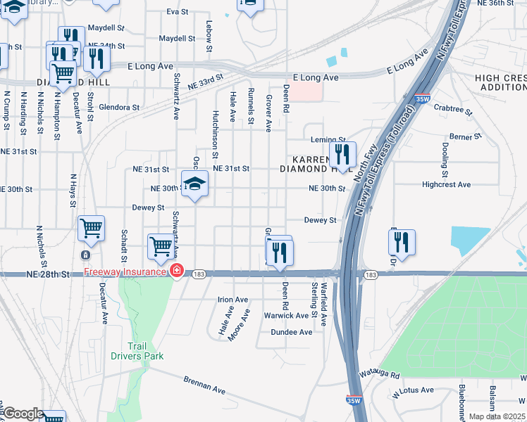map of restaurants, bars, coffee shops, grocery stores, and more near 3054 Runnels Street in Fort Worth