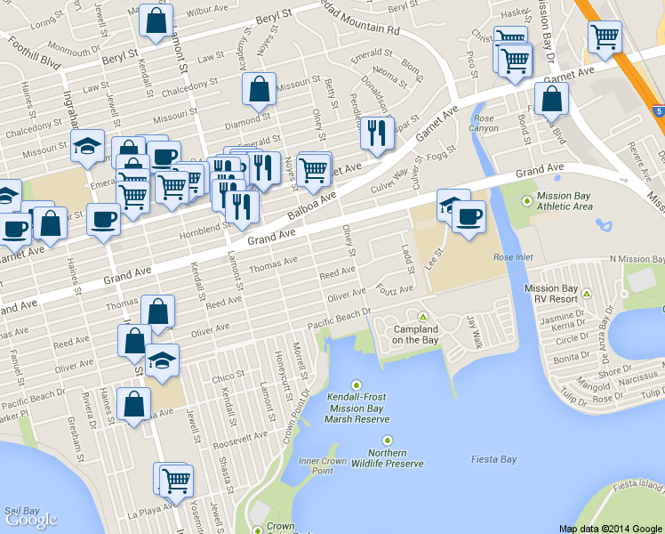 map of restaurants, bars, coffee shops, grocery stores, and more near 2157 Thomas Avenue in San Diego