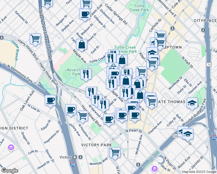 map of restaurants, bars, coffee shops, grocery stores, and more near 3116 Maple Avenue in Dallas