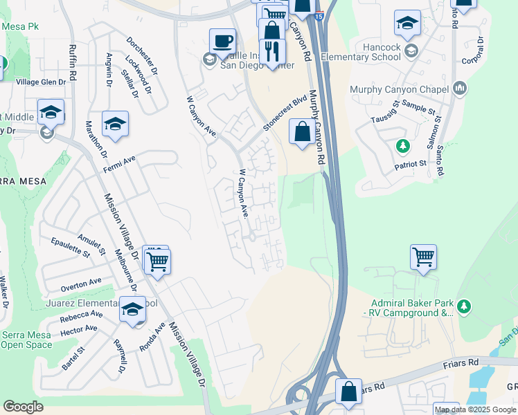 map of restaurants, bars, coffee shops, grocery stores, and more near 2825 West Canyon Avenue in San Diego