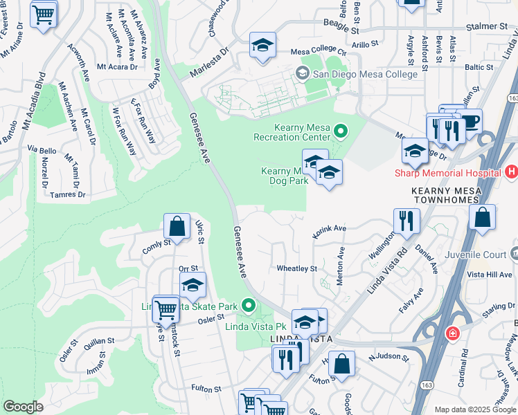 map of restaurants, bars, coffee shops, grocery stores, and more near 6916 Park Mesa Way in San Diego