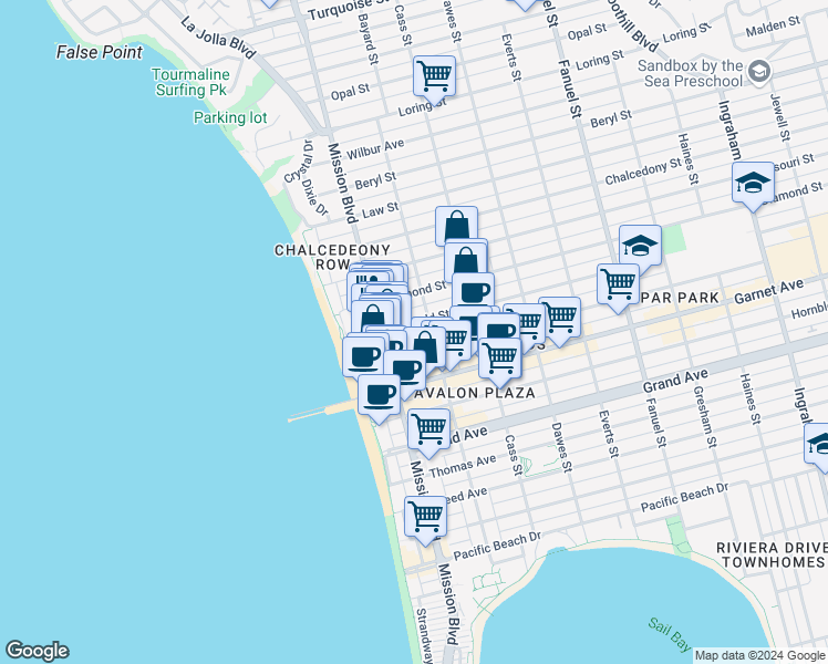 map of restaurants, bars, coffee shops, grocery stores, and more near 849 Emerald Street in San Diego