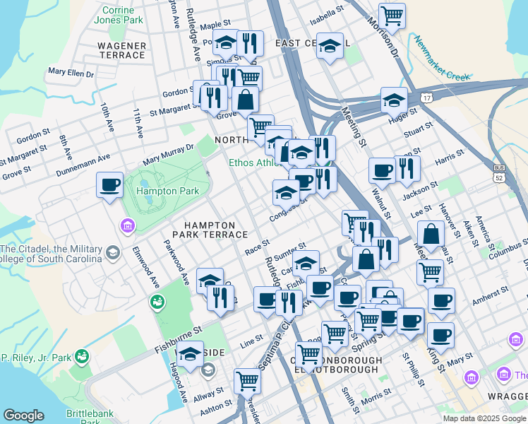 map of restaurants, bars, coffee shops, grocery stores, and more near 5 Strawberry Lane in Charleston