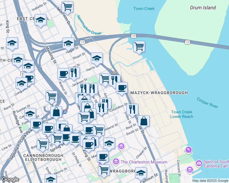map of restaurants, bars, coffee shops, grocery stores, and more near 33 Cooper Street in Charleston