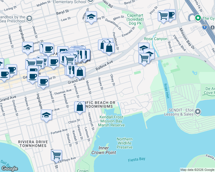 map of restaurants, bars, coffee shops, grocery stores, and more near 2140 Reed Avenue in San Diego