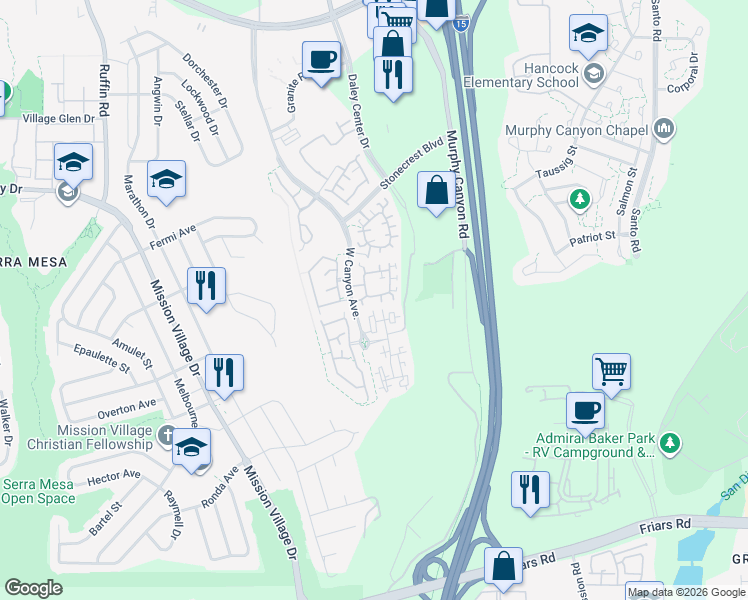 map of restaurants, bars, coffee shops, grocery stores, and more near 2825 West Canyon Avenue in San Diego