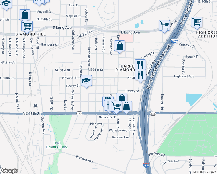 map of restaurants, bars, coffee shops, grocery stores, and more near 3054 Runnels Street in Fort Worth