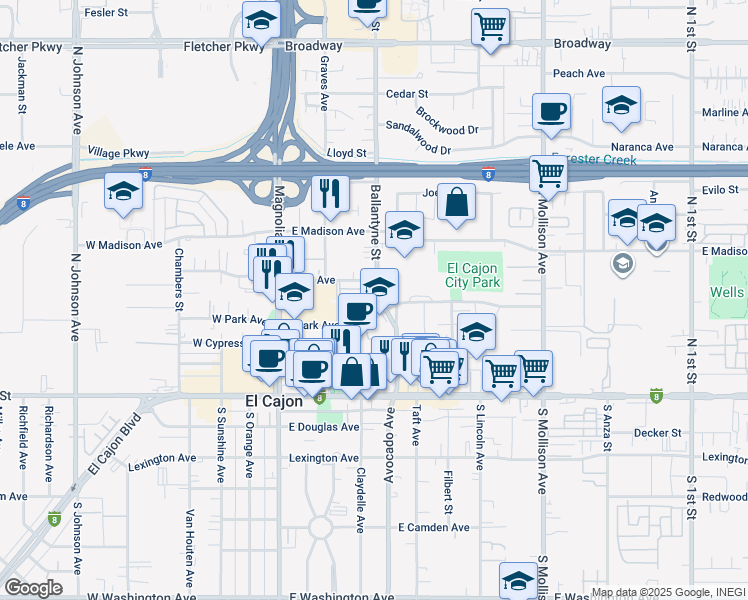 map of restaurants, bars, coffee shops, grocery stores, and more near 341 Kentucky Avenue in El Cajon