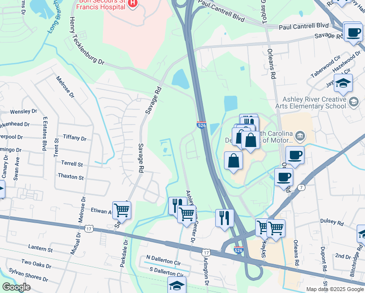 map of restaurants, bars, coffee shops, grocery stores, and more near 3100 Ashley Town Center Drive in Charleston