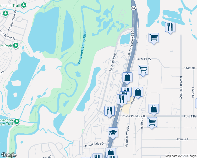 map of restaurants, bars, coffee shops, grocery stores, and more near 2803 Riverside Parkway in Grand Prairie