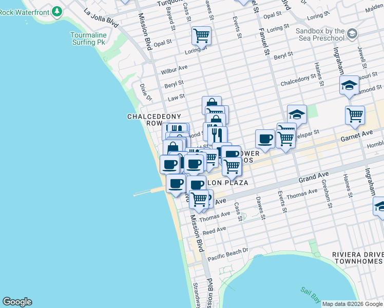 map of restaurants, bars, coffee shops, grocery stores, and more near 855 Emerald Street in San Diego