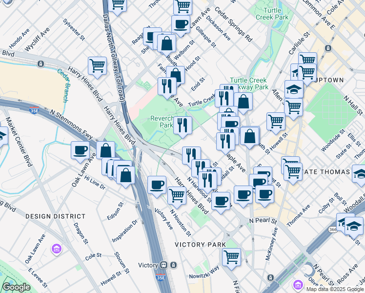 map of restaurants, bars, coffee shops, grocery stores, and more near 2217 Ivan Street in Dallas