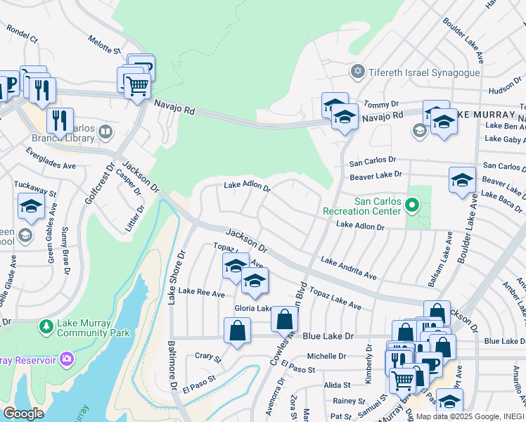map of restaurants, bars, coffee shops, grocery stores, and more near 6371 Twin Lake Drive in San Diego