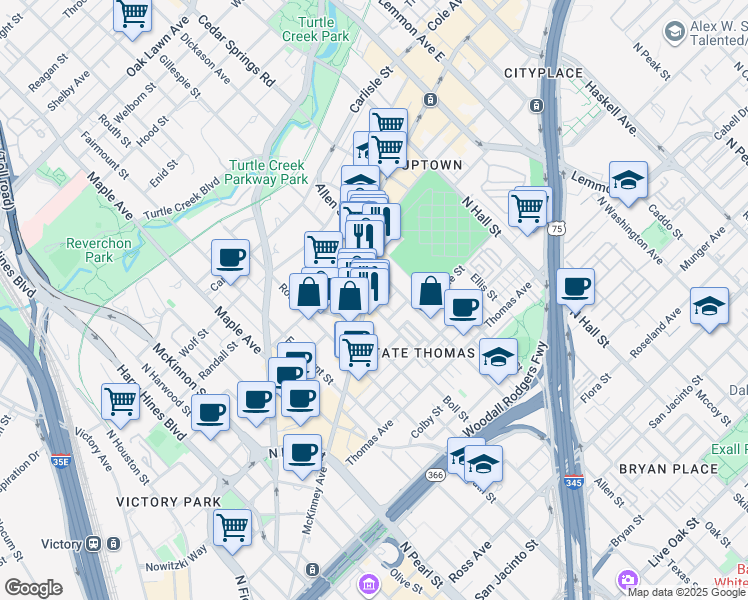 map of restaurants, bars, coffee shops, grocery stores, and more near 2808 McKinney Avenue in Dallas