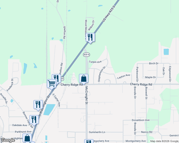 map of restaurants, bars, coffee shops, grocery stores, and more near 5665-5667 Matheny Ave in Bastrop
