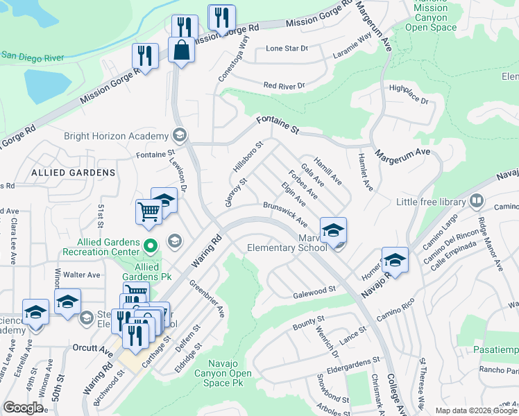 map of restaurants, bars, coffee shops, grocery stores, and more near 5461 Brunswick Avenue in San Diego