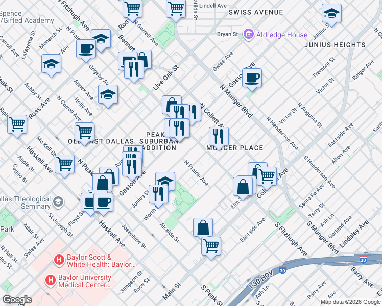 map of restaurants, bars, coffee shops, grocery stores, and more near 4816 Junius Street in Dallas
