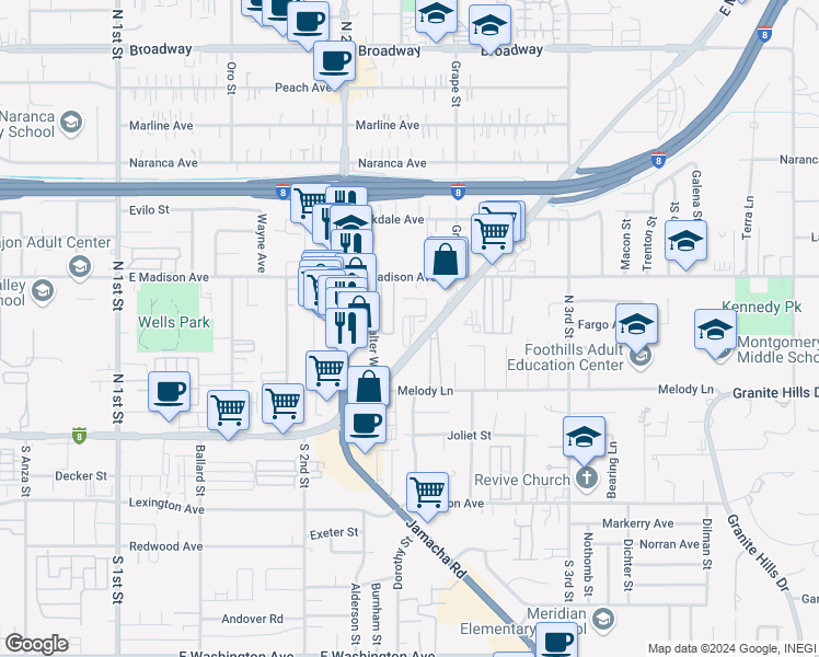 map of restaurants, bars, coffee shops, grocery stores, and more near 1368 East Main Street in El Cajon