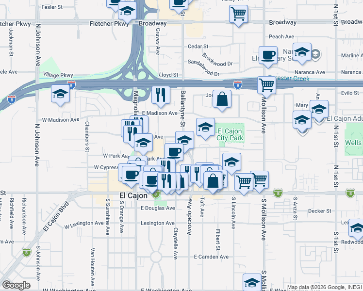 map of restaurants, bars, coffee shops, grocery stores, and more near 389 Ballantyne Street in El Cajon