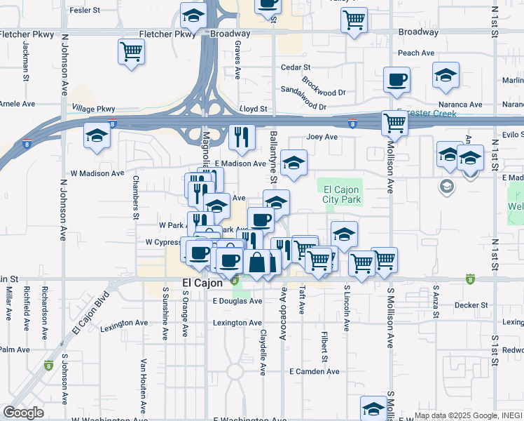 map of restaurants, bars, coffee shops, grocery stores, and more near 391 Connecticut Avenue in El Cajon