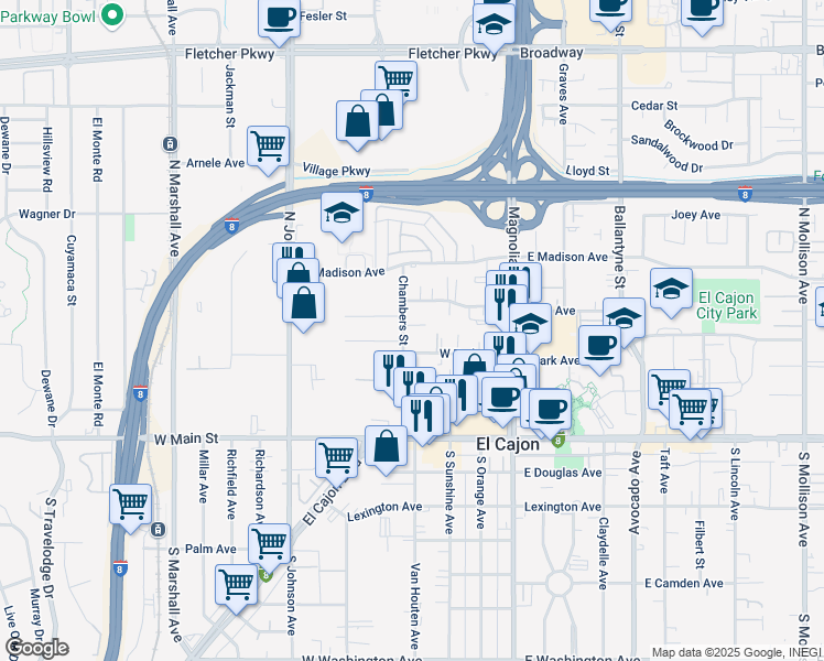 map of restaurants, bars, coffee shops, grocery stores, and more near 400 Gardner Street in El Cajon