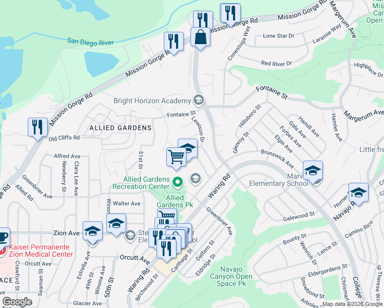 map of restaurants, bars, coffee shops, grocery stores, and more near 5211 Irwin Avenue in San Diego