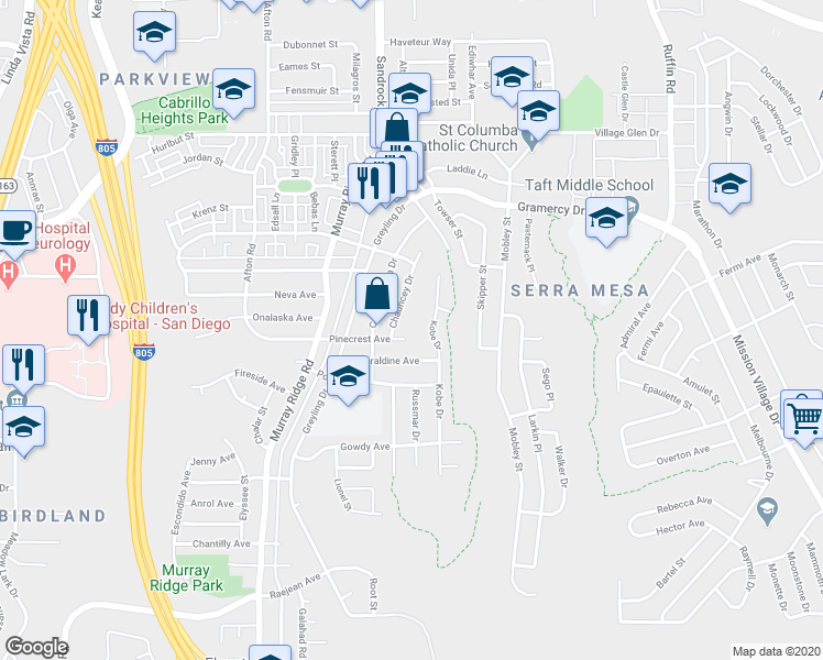 map of restaurants, bars, coffee shops, grocery stores, and more near 3002 Chauncey Drive in San Diego