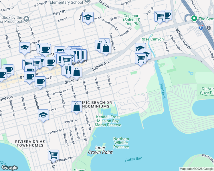 map of restaurants, bars, coffee shops, grocery stores, and more near 2157 Thomas Avenue in San Diego