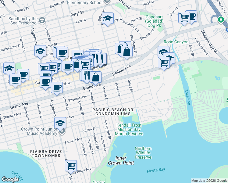 map of restaurants, bars, coffee shops, grocery stores, and more near 2076 Thomas Avenue in San Diego