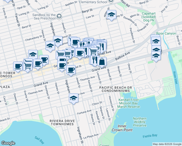 map of restaurants, bars, coffee shops, grocery stores, and more near 1854 Grand Avenue in San Diego